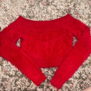 Red Off-Shoulder Fuzzy Sweater
